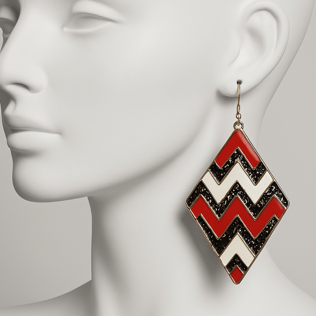 Red Black White Chevron Diamond Shape Drop Earrings Bold Statement Geometric 26$